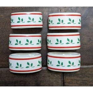 6 Vintage Hallmarks Holly Porcelain Napkin Rings Christmas New